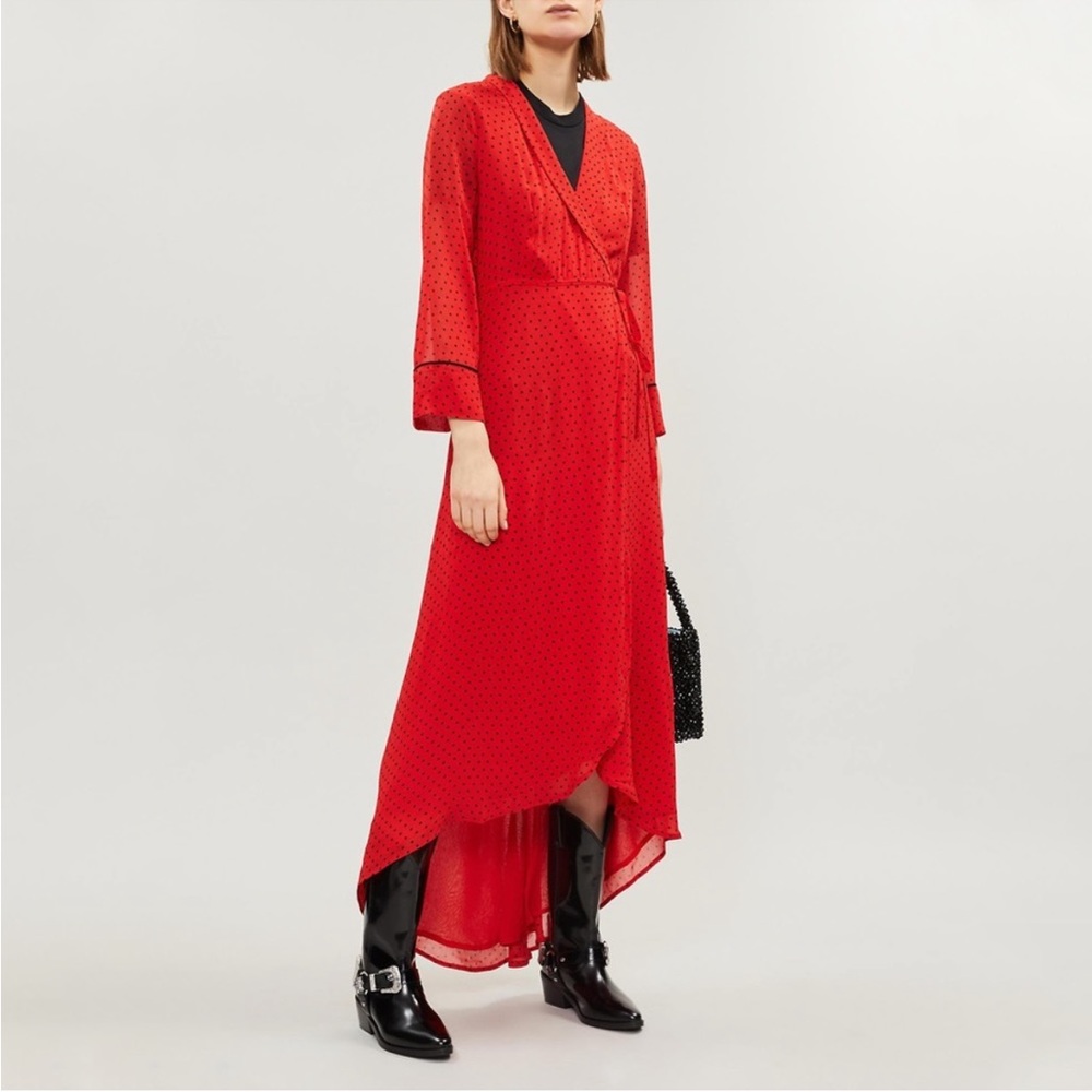 Ganni Asymmetric Polka Dot Georgette Midi Wrap Dress